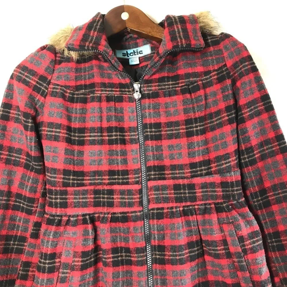 Static Girl Hooded Coat Red Plaid Size 14-16